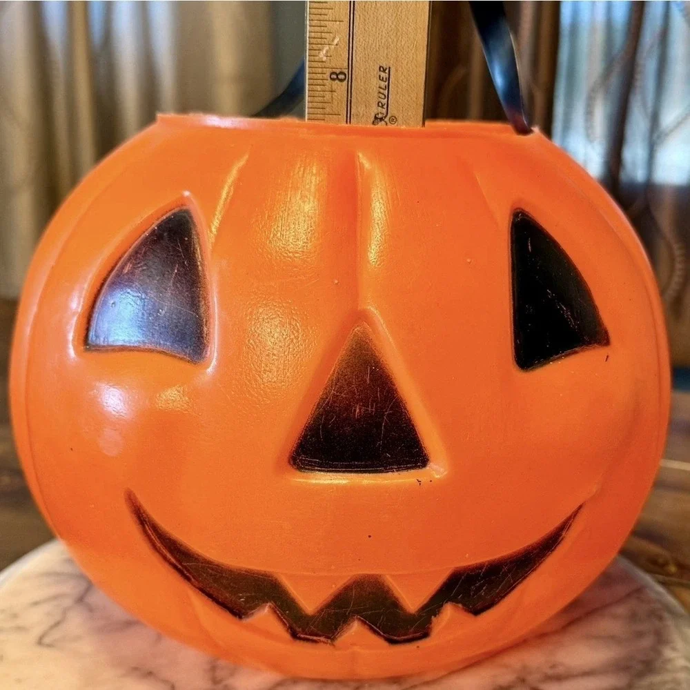 VTG 80s Halloween Trick Or Treat Jack-O-Lantern Blow Mold Pumpkin Candy Bucket